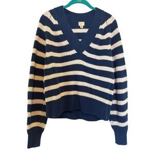 A New Day Navy and White Striped Knit V-Neck Sweater Women's Size XS